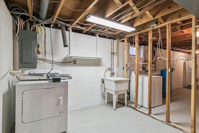 basement featuring electric panel and washer and clothes dryer