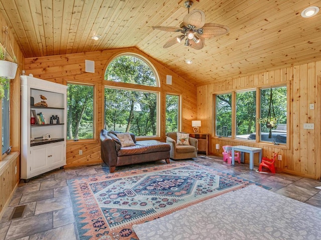 sitting room featuring vaulted ceiling, wooden ceiling, ceiling fan, and wood walls