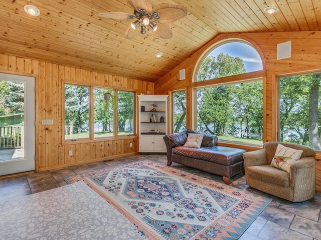 interior space with ceiling fan, lofted ceiling, and wooden ceiling