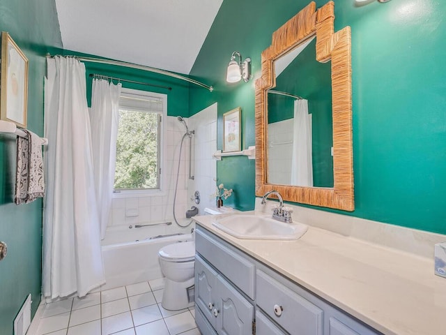 full bathroom featuring shower / tub combo, vanity, tile patterned flooring, and toilet