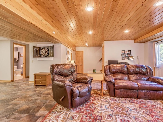 living room featuring wooden ceiling