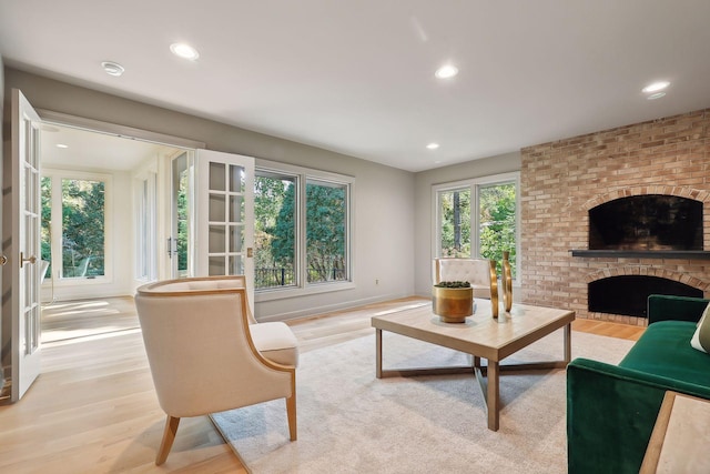 living room with a fireplace and light hardwood / wood-style flooring