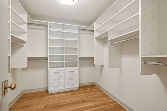 walk in closet with light hardwood / wood-style flooring