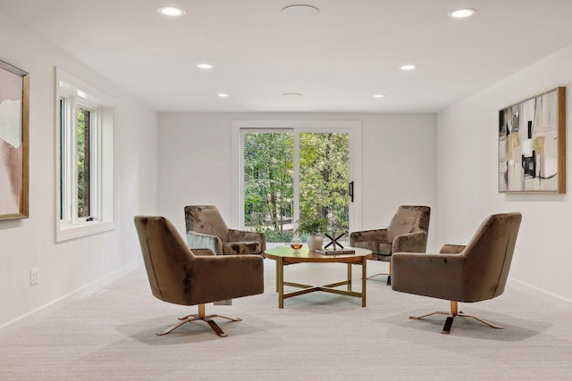 sitting room featuring light carpet