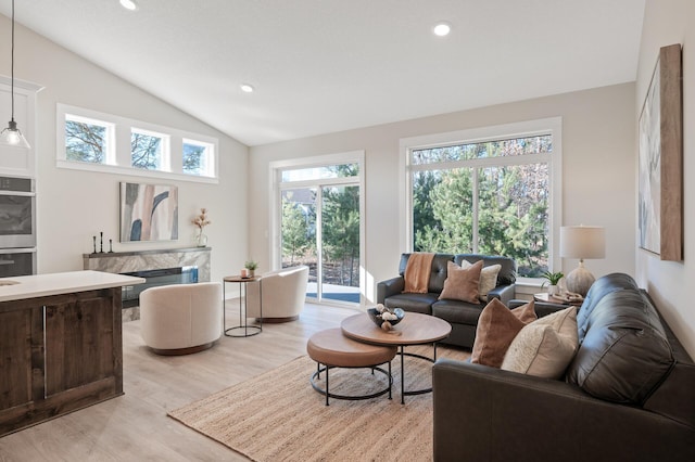 living room with light hardwood / wood-style floors, lofted ceiling, and a premium fireplace