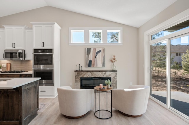 interior space with backsplash, a high end fireplace, white cabinets, light wood-type flooring, and appliances with stainless steel finishes