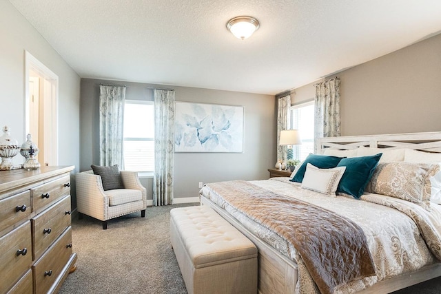 bedroom with carpet and a textured ceiling