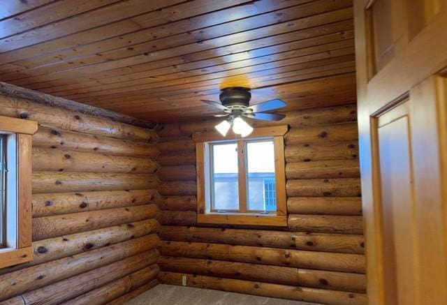 bonus room with rustic walls and wooden ceiling