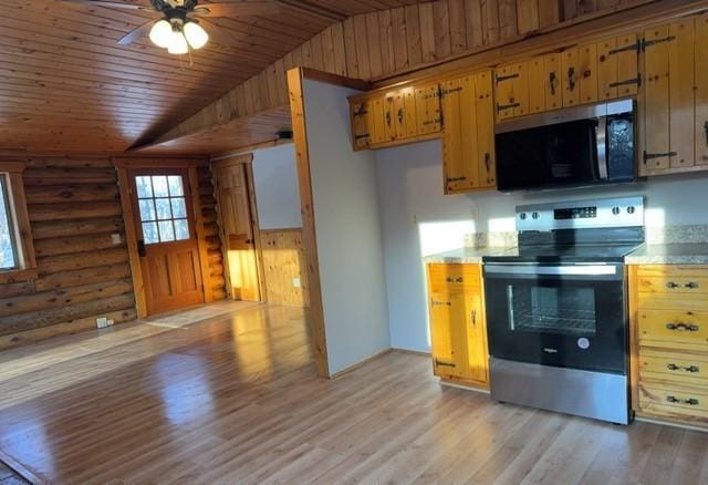 kitchen with log walls, stainless steel appliances, light hardwood / wood-style floors, lofted ceiling, and wood ceiling