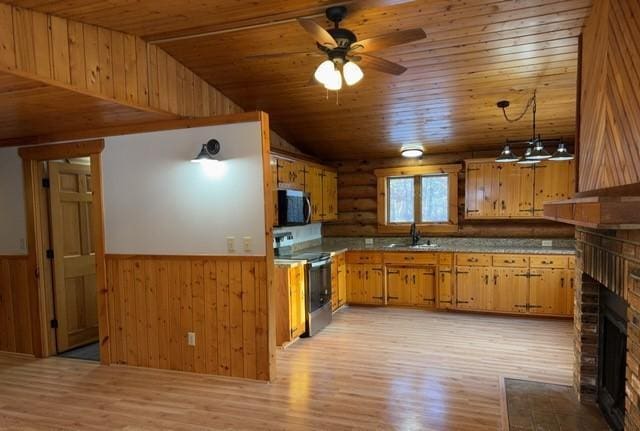 kitchen with rustic walls, sink, electric stove, wooden ceiling, and hanging light fixtures