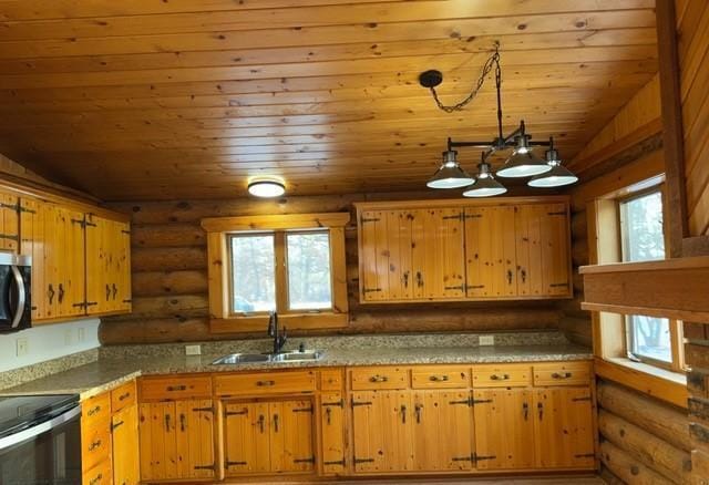 kitchen with black electric range oven, lofted ceiling, sink, and log walls