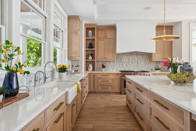 kitchen with backsplash, sink, pendant lighting, light hardwood / wood-style flooring, and high end stainless steel range