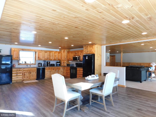 dining space with sink, dark hardwood / wood-style flooring, and wood ceiling