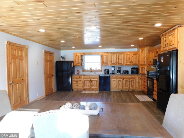 kitchen with dark wood-type flooring, black appliances, wooden ceiling, and sink