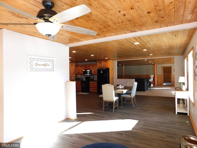 dining area featuring dark wood-type flooring, wooden ceiling, and ceiling fan