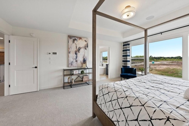 bedroom featuring baseboards, a tray ceiling, and light colored carpet