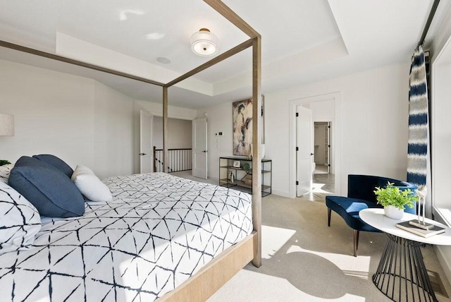 carpeted bedroom featuring a raised ceiling