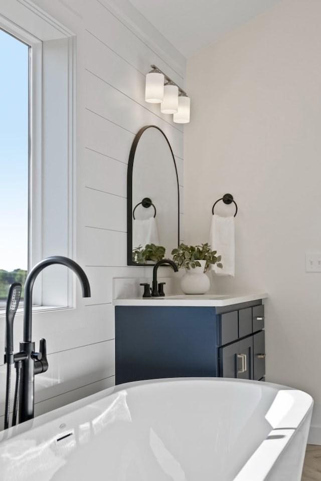 bathroom featuring a freestanding tub, vanity, and wood finished floors