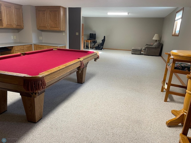 playroom with light colored carpet and pool table