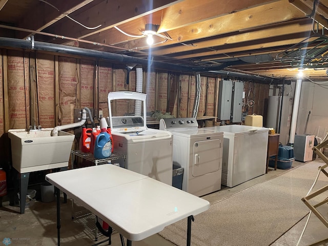 basement with independent washer and dryer, sink, electric panel, and water heater