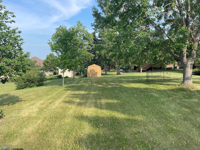 view of yard featuring a storage unit