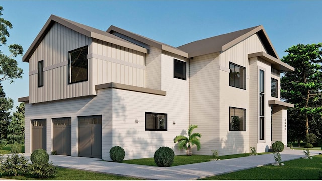 view of front of house featuring board and batten siding, driveway, and a garage