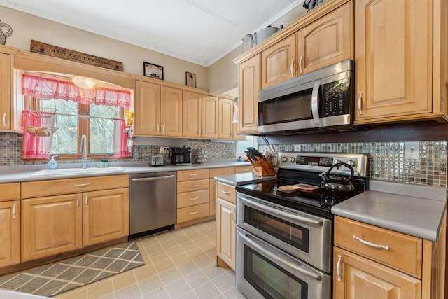 kitchen featuring tasteful backsplash, appliances with stainless steel finishes, and sink