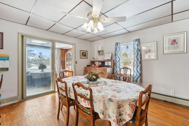 dining room with ceiling fan, a baseboard radiator, a drop ceiling, and light wood-type flooring