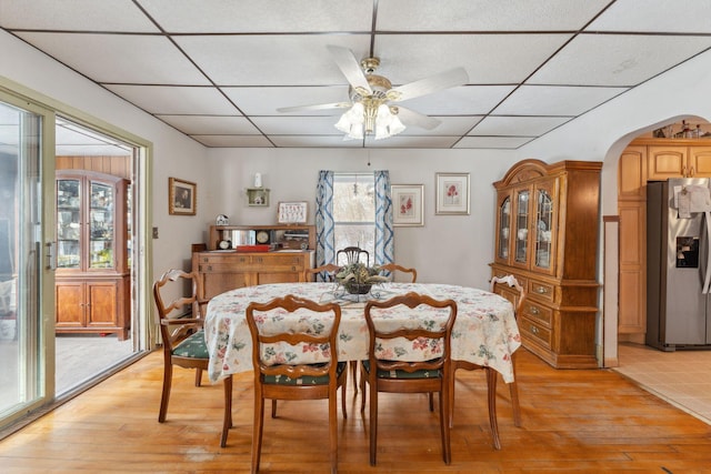 dining area with ceiling fan, a drop ceiling, and light hardwood / wood-style flooring