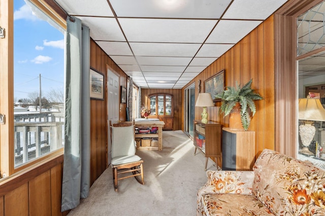 interior space featuring light carpet and wood walls