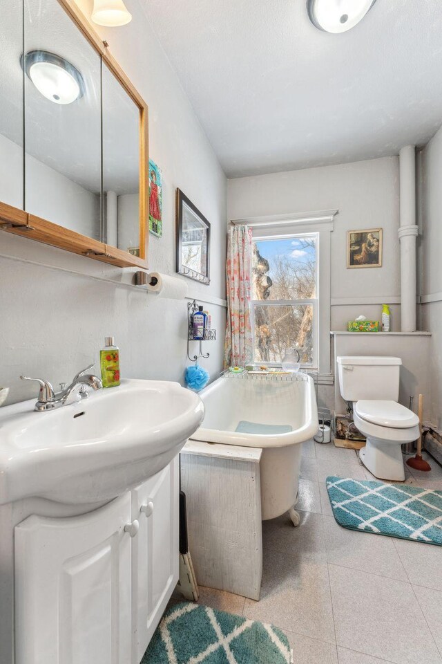 bathroom featuring toilet, a tub, and vanity