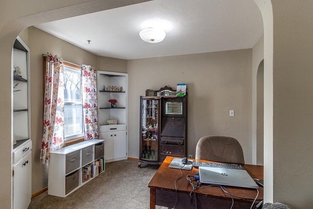 carpeted home office with built in features