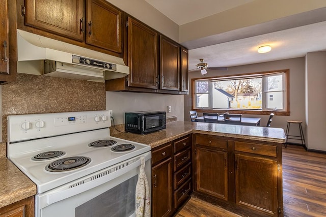 kitchen with ceiling fan, backsplash, electric range, and dark hardwood / wood-style floors