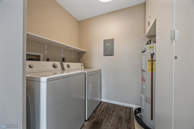 laundry room featuring electric water heater, dark hardwood / wood-style flooring, washing machine and clothes dryer, and electric panel