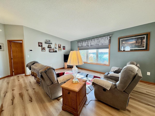 living room featuring light hardwood / wood-style floors and a textured ceiling