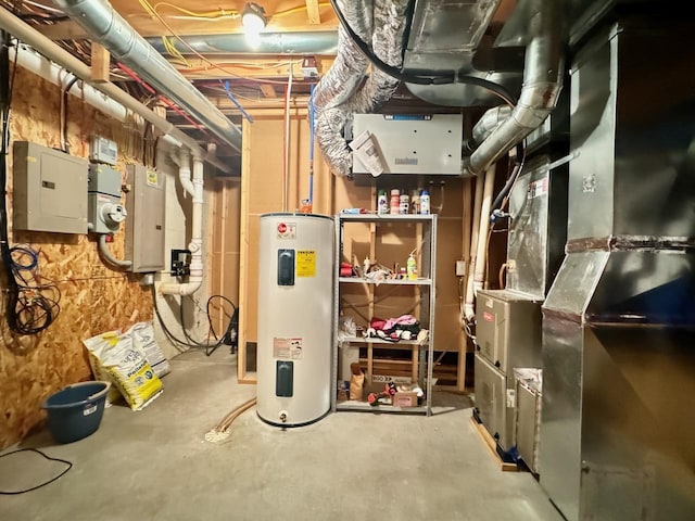 utilities with electric water heater, electric panel, and heating unit