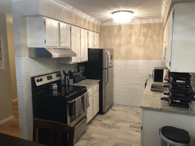 kitchen featuring white cabinets, light stone counters, ornamental molding, and stainless steel range with electric cooktop