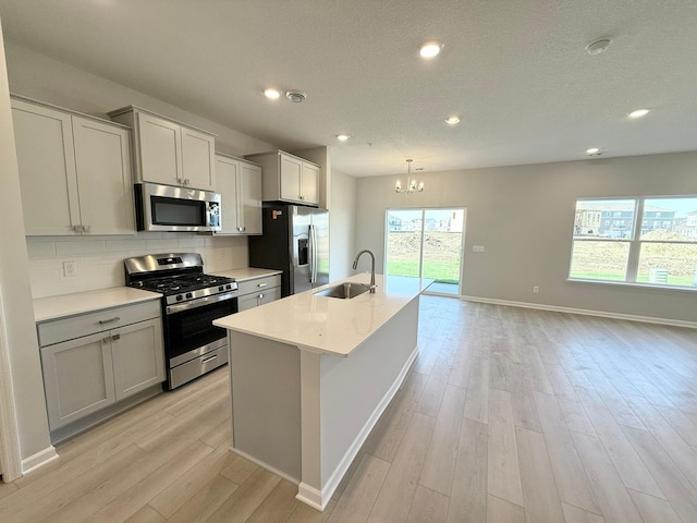 kitchen with appliances with stainless steel finishes, tasteful backsplash, sink, a chandelier, and gray cabinets