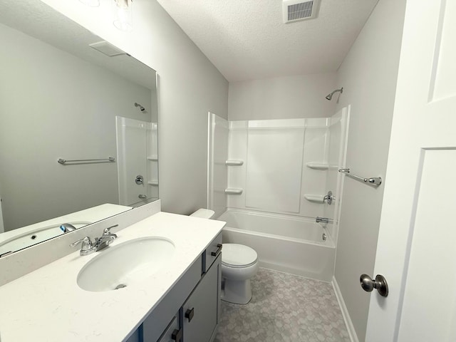 full bathroom with vanity, shower / bathing tub combination, a textured ceiling, and toilet