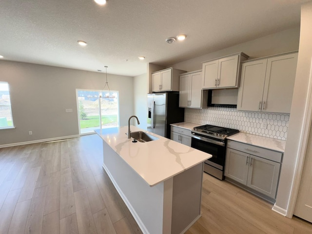 kitchen featuring sink, hanging light fixtures, stainless steel appliances, tasteful backsplash, and a center island with sink