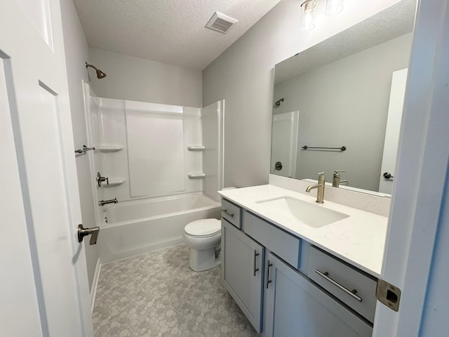 full bathroom featuring shower / tub combination, vanity, a textured ceiling, and toilet