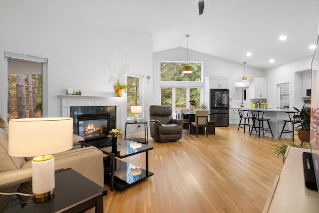 living room featuring a premium fireplace, high vaulted ceiling, and light wood-type flooring