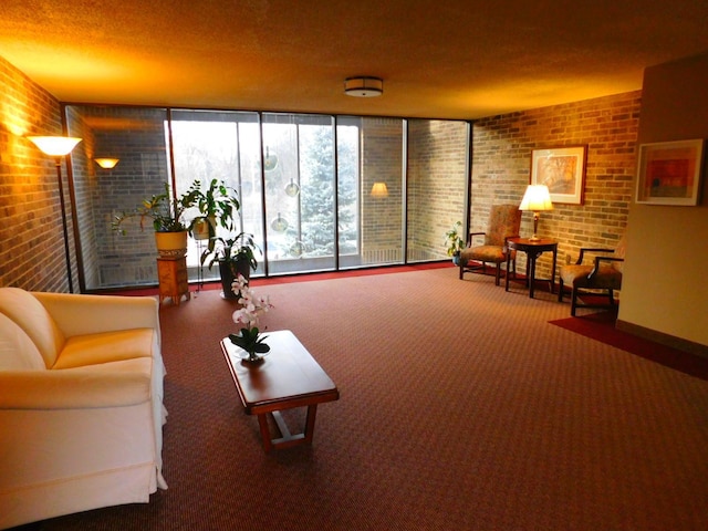 living room with a wall of windows and carpet floors