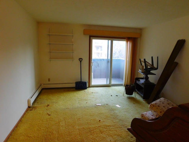 interior space featuring light carpet and a baseboard radiator