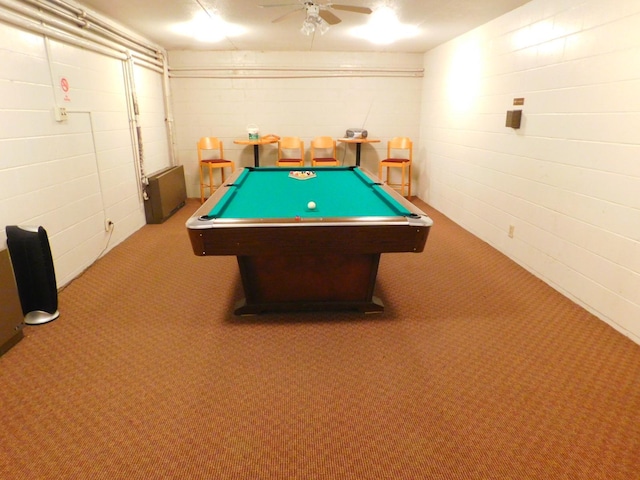 rec room with carpet, ceiling fan, and billiards