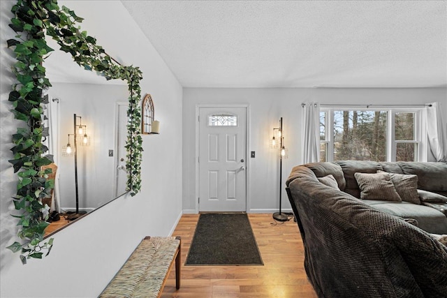 living room with light hardwood / wood-style floors and a textured ceiling