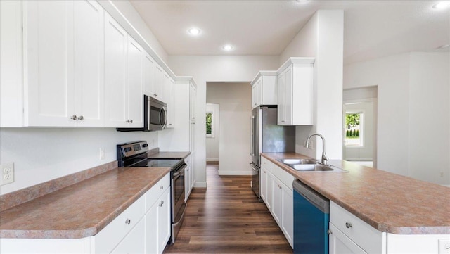 kitchen with white cabinetry, appliances with stainless steel finishes, sink, and dark hardwood / wood-style flooring