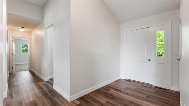 foyer featuring lofted ceiling and dark hardwood / wood-style flooring