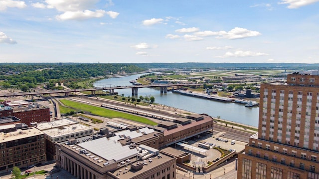 aerial view featuring a water view