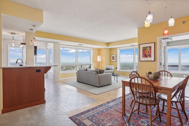 dining room featuring sink and a textured ceiling